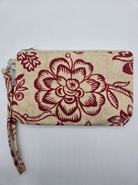 Madonz Handmade Floral Wristlet Tan Red Large Zip Pouch NWOT